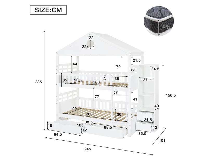  Lit superposé 90 × 200 cm avec 2 tiroirs, rangement latéral ouvert, échelle et barrières pour chambre enfant  - Conforama C