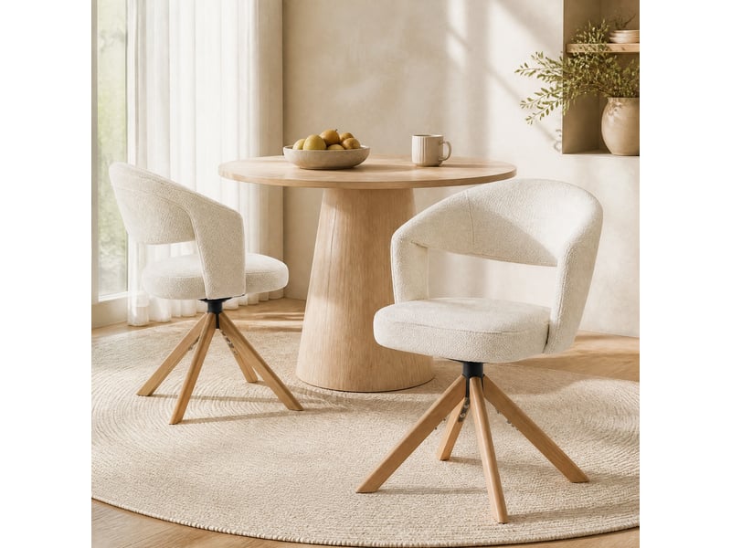  Lot de 2 chaises de salle à manger pivotantes en tissu structuré blanc crème et bois, 81,5 cm  - Conforama C