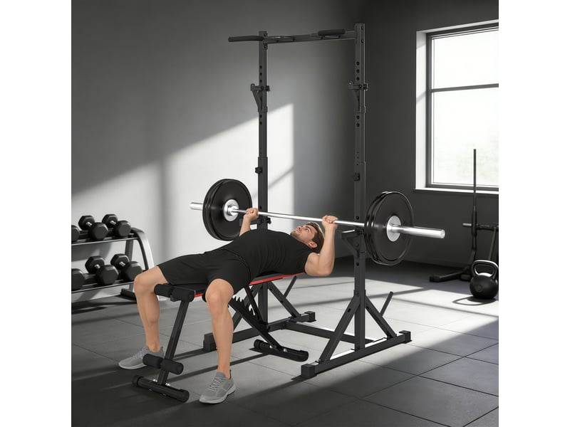 Support à squats réglable avec double support, porte-disque et barre de traction, acier, 112-100 x 201-217 cm, noir - Conforama D