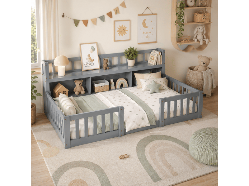  Lit enfant 90x200 cm avec bibliothèque, lit au sol avec barrière de sécurité et sommier à lattes, cadre de lit montessori au sol en bois massif, gris  - Conforama B
