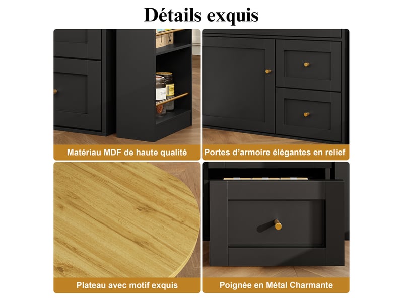 Buffet extensible noir 138-204 cm meuble rangement cuisine mdf métal avec tiroirs pliants - Conforama E