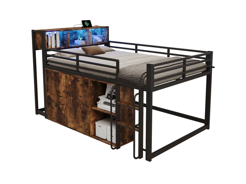  Lit mezzanine 120x200 cm avec rangement, led et prise, métal noir + décor bois, sans matelas  - Conforama A