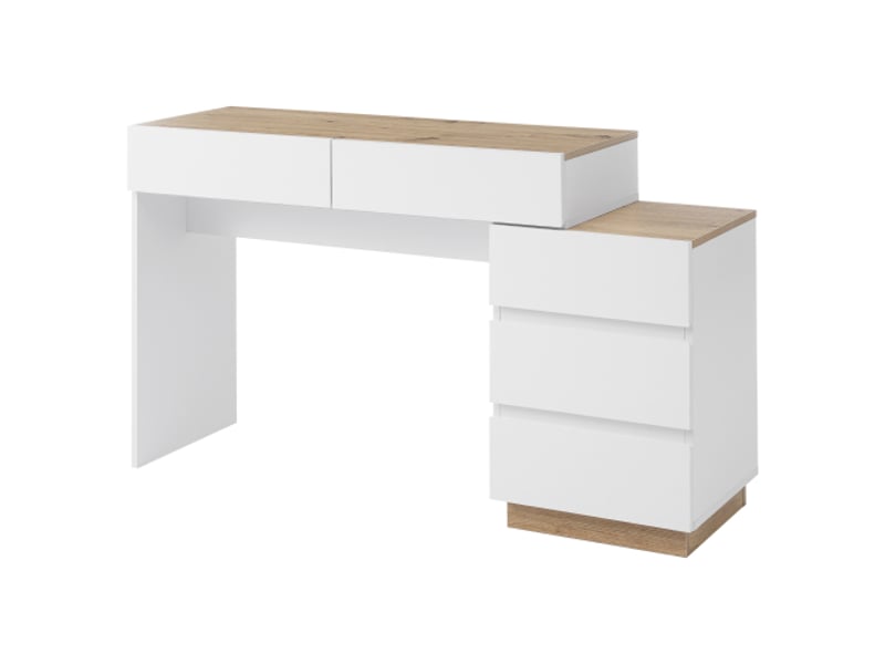  Coiffeuse+commode 125x38.9x76cm, 5 tiroirs, rangement, meuble chambre, panneau de particules blanc+naturel  - Conforama A