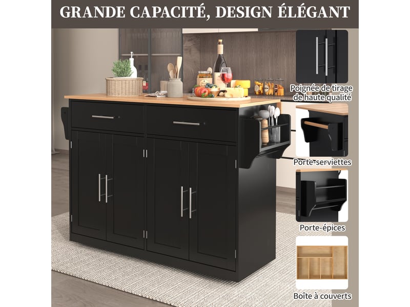  Buffet de cuisine 120x46x91.5cm, meuble de cuisine avec 2 tiroirs, 4 portes, plan de travail extensible, mdf, noir+naturel  - Conforama C