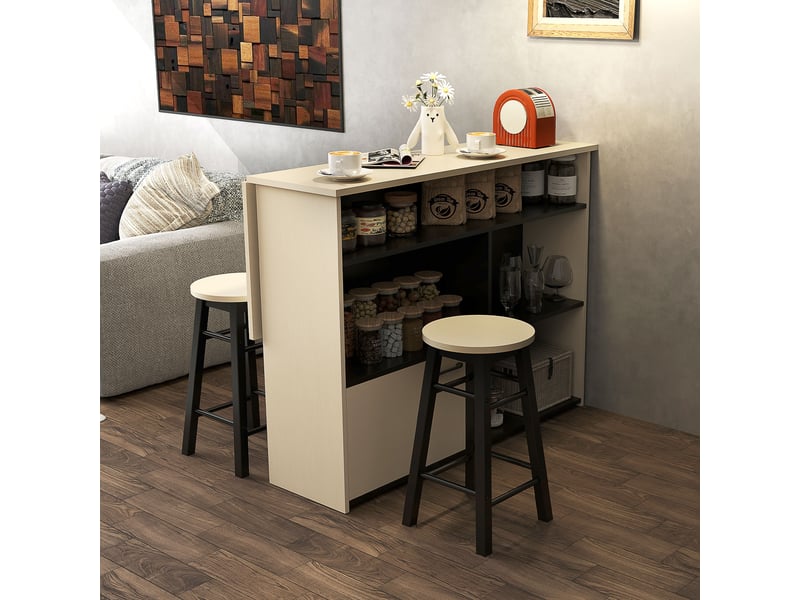  Ensemble bar 3 pièces, table de bar avec plateau rabattable, 2 tabourets de bar, 6 compartiments de rangement, noir et chêne, 116 x 70 x 89,5 cm  - Conforama D
