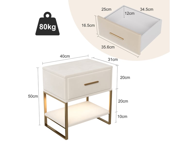  Table de chevet en velours (lot de 2), poignées et pieds dorés, 40 x 31 x 50 cm, beige  - Conforama D