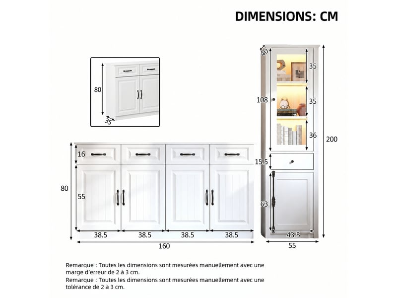 Ensemble buffet blanc et vitrine avec led, meuble de rangement deux pièces pour salon, 5 tiroirs, 6 portes, blanc  - Conforama D