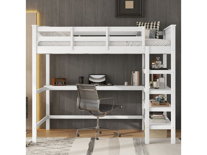Lit mezzanine 140x200cm avec bureau intégré et étagères de rangement, lit double - avec échelle - barrières de sécurité - blanc - Conforama B