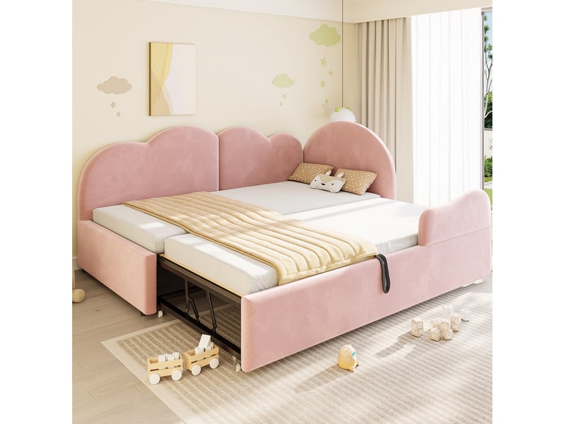  Lit gigogne 90x200 cm, couchage d'appoint en velours rose  - Conforama C