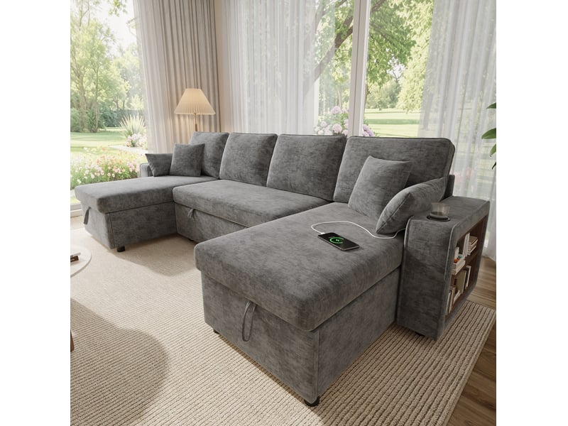  Canapé d'angle u modenvie convertible avec rangement, chenille gris, 4 places, avec porte-gobelets et ports usb  - Conforama E