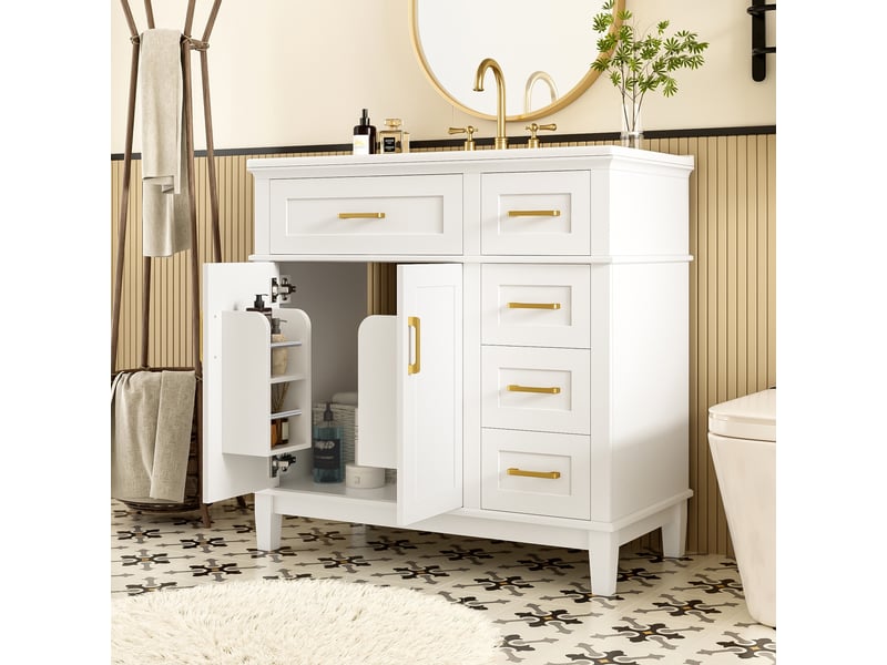 Meuble de salle de bain - 90x46x87 cm - meuble sur pied avec vasque en céramique, 4 tiroirs et portes - blanc et or - Conforama D