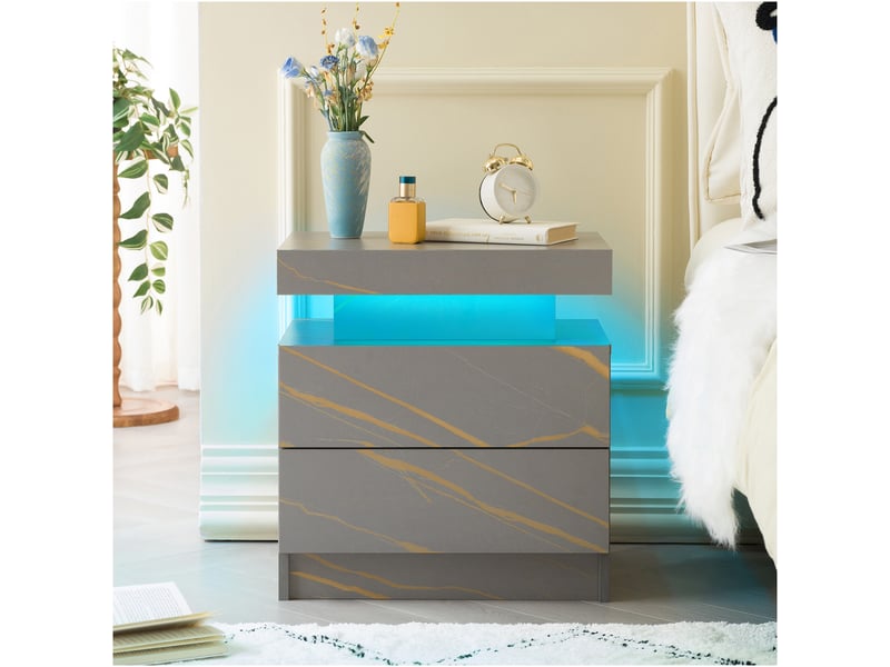  Table de chevet avec 2 tiroirs, niche et led pour chambre en bois d’ingénierie gris et doré  - Conforama B