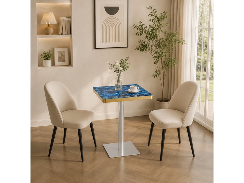  Table à manger carrée,60x60x74 cm,avec piètement métal,mdf,bleu effet marbre  - Conforama B