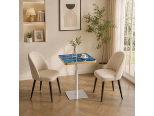 Table à manger carrée,60x60x74 cm,avec piètement métal,mdf,bleu effet marbre