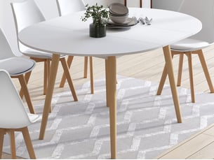 Table à manger extensible ronde angela 4-8 personnes blanc pied bois 110 - 150 cm