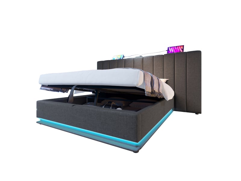  Lit coffre 160 × 200 cm 2 places avec rangement, led réglable, usb-c et 3 usb, sans matelas, en lin gris  - Conforama A