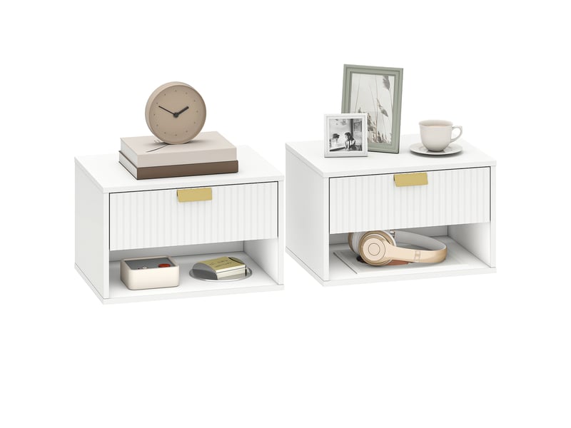  Lot de 2 tables de chevet murales, tables de nuit suspendues avec tiroir rainuré et étagère ouverte, 40 x 30 x 25 cm, blanc  - Conforama A