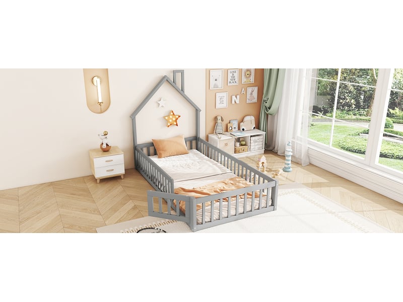  Lit enfant 90x200 cm gris pin massif style maison avec cheminée sommier à lattes inclus Sol Morn - Conforama D