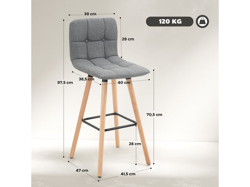  Ensemble de 2 tabourets de cuisine hauts avec dossier, repose-pieds et pieds en bois, style moderne, gris  - Conforama E