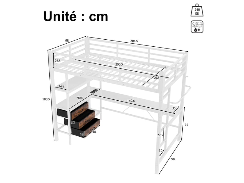  Lit mezzanine 1 place avec bureau, prise, usb, led, 3 tiroirs et étagères, 90x200 cm, sans matelas, blanc  - Conforama D