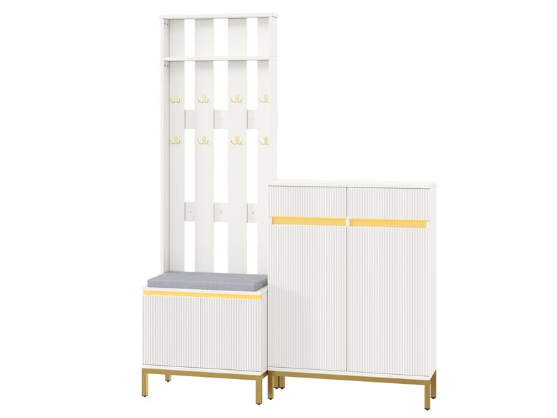 Ensemble d’entrée avec meuble à chaussures, banc, patères, rangement et led avec appli - Conforama E