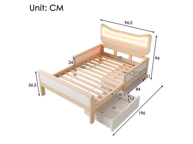 Lit enfant 90x190 avec tête de lit chat, éclairage led rgb, tiroir de rangement et sommier à lattes, blanc et chêne - Conforama C