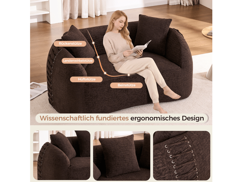  Canapé 2 places courbe modulaire en tissu marron, détails lacés et 2 coussins, format compact pour petits espaces  - Conforama E