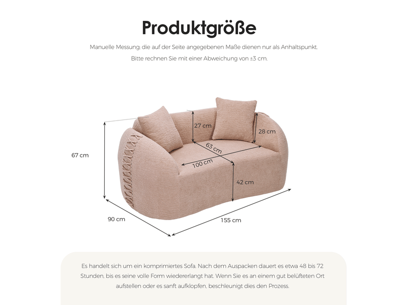 Canapé compressé 2 places 155x90x67 cm sans montage, sans structure, accoudoirs avec lacets, 2 coussins, mousse, tissu chenille crème abricot - Conforama D