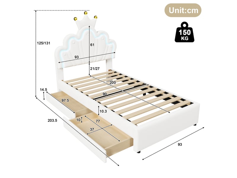  Lit enfant 90x200 cm avec led, tiroirs, sommier et tête réglable, lit princesse, pu blanc, sans matelas  - Conforama C