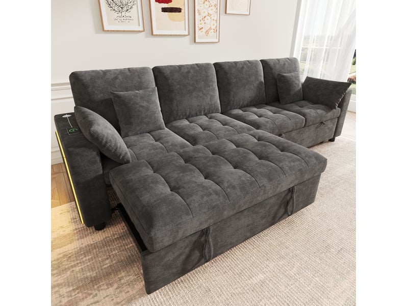  Canapé-lit 4 places 262.5x140x89 cm avec led et usb, dossier réglable, tissu couleur gris, design moderne  - Conforama E