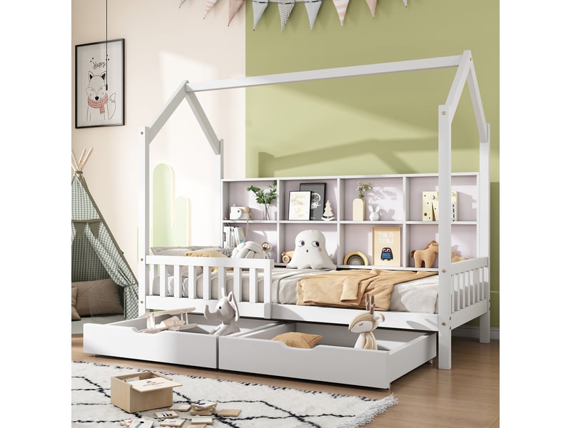  Lit cabane pour enfant 90x200 cm blanc en bois avec étagère bibliothèque, rangements et 2 grands tiroirs  - Conforama C