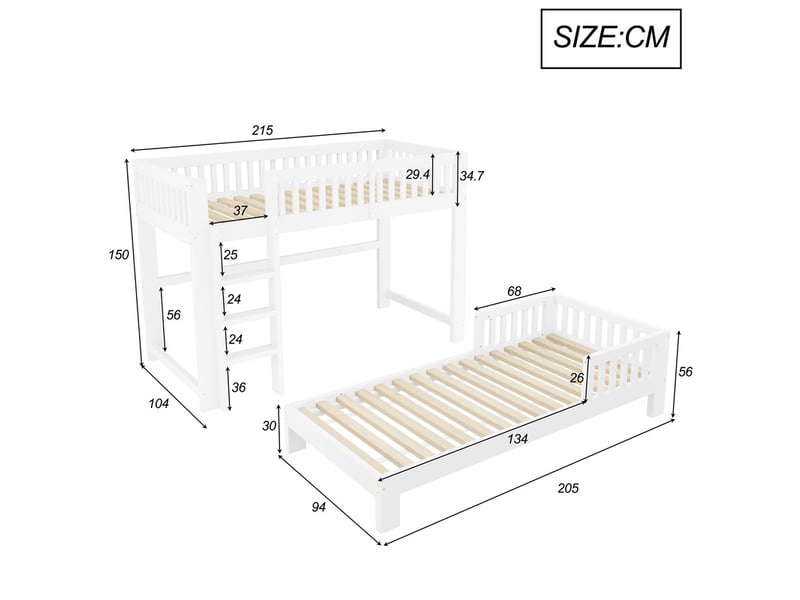  Lit mezzanine et lit simple 90x200cm, combinables librement, avec sécurité, bords arrondis, blanc  - Conforama C