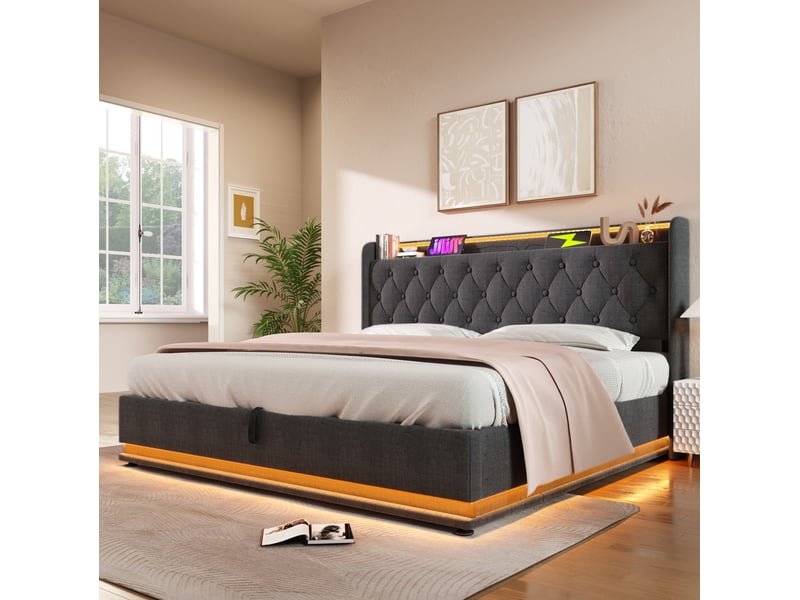  Lit coffre 160x200 avec led 360°, usb-c et télécommande, gris evryae  - Conforama D