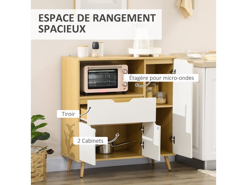Meuble de rangement cuisine pour micro-ondes, 1 tiroir, 2 placards une étagère, bois et blanc, 90 x 40 x 98,5 cm - Conforama A
