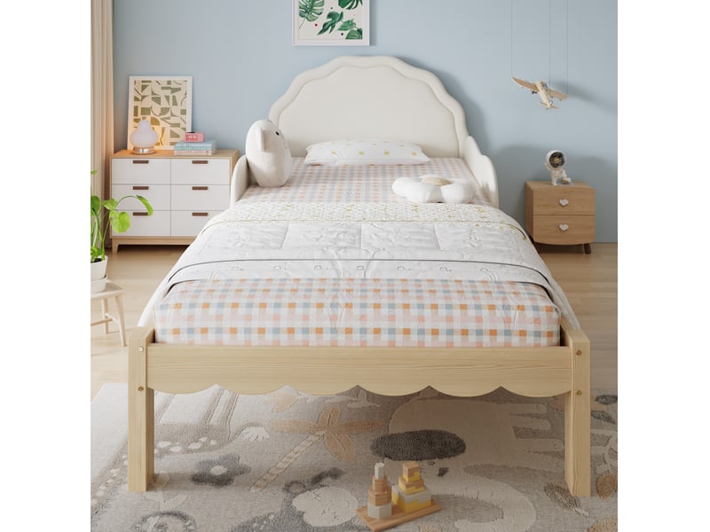  Lit enfant 90 x 200 cm beige et naturel avec tête de lit en pu et barrières latérales  - Conforama C