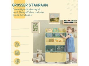 Bibliothèque enfant vert clair, tiroir, 3 étagères et 2 niches ouvertes, rangement, 60x29,9x90 cm