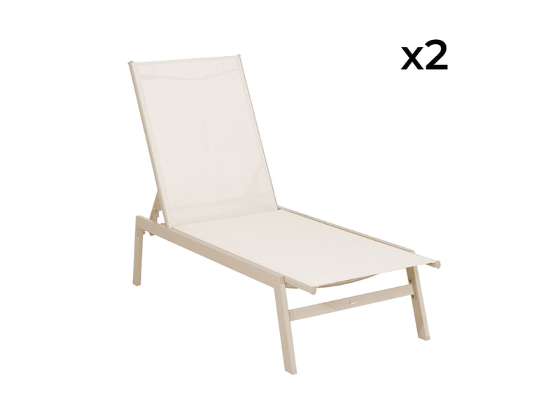 Lot de 2 transats beige. 5 positions. En textilène et métal. Flora.  l155 x p59 x h106cm  - Conforama D