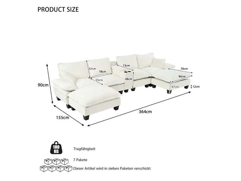  Canapé panoramique en u avec usb, rangement et porte-gobelets - ottomane modulable chenille beige 362 × 151 × 90 cm  - Conforama C