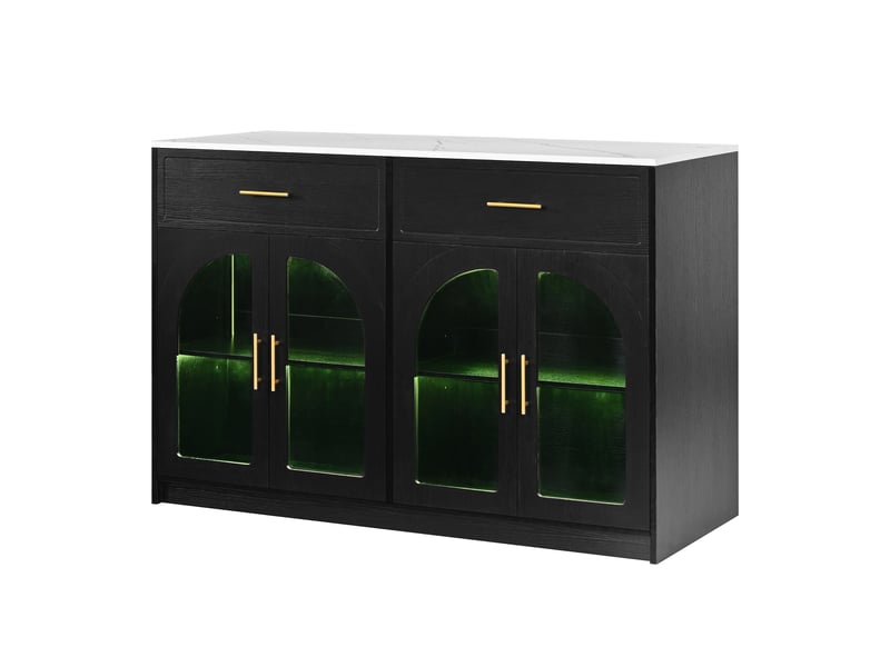  Desserte de cuisine avec 2 tiroirs, portes vitrées, étagères réglables et led pour cuisine en mdf 135×55×91 cm noir  - Conforama A