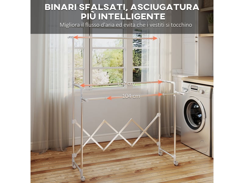  Étendoir à linge pliable avec 3 barres réglables, roulettes pivotantes et structure en acier inoxydable, argent  - Conforama D