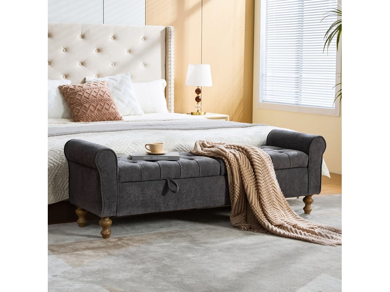  Banc coffre 156x41x51 cm, 2 couvercles, rangement, design moderne, structure robuste, tissu bouclette, couleur gris  - Conforama D