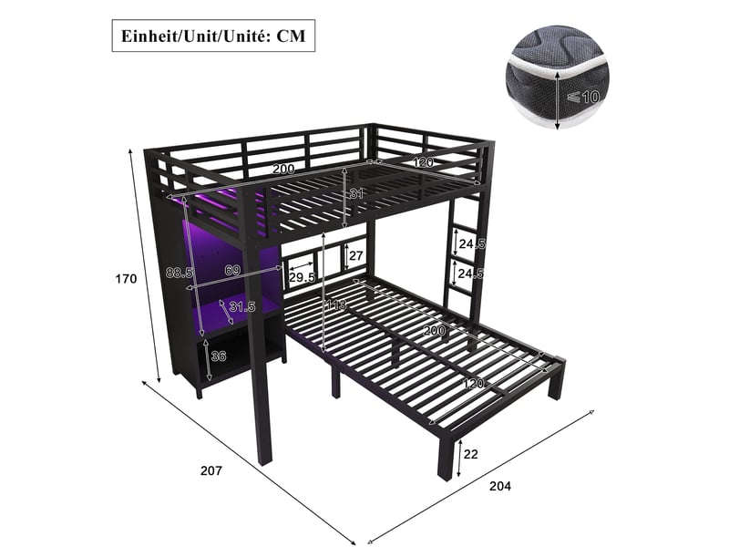 Lit superposé 120x200 cm en métal et bois avec armoire et led noir chicfurn - Conforama D