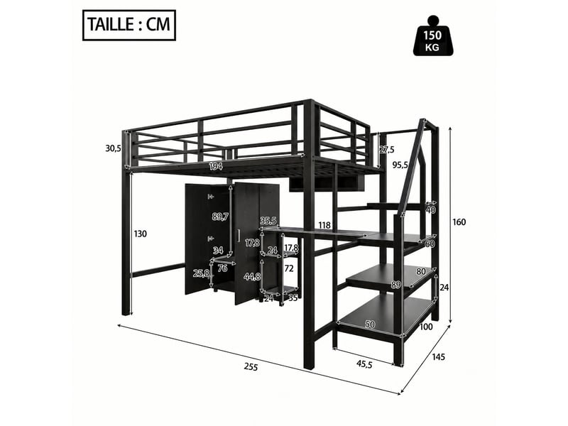  Lit mezzanine enfant 140 x 200 cm avec bureau, armoire et escalier de rangement, en métal et mdf noir  - Conforama C