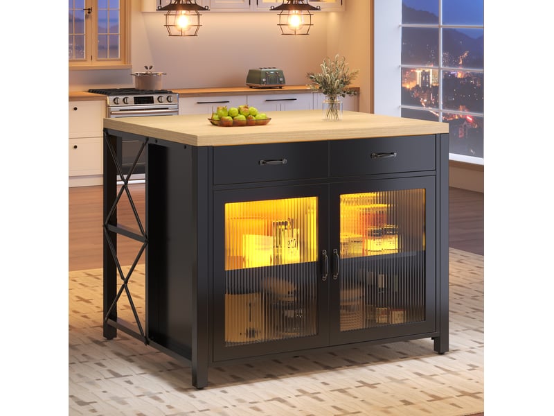 Desserte de cuisine avec 2 tiroirs, porte vitrée et pieds réglables, pour cuisine, noir, 100 × 80 × 90 cm - Conforama C