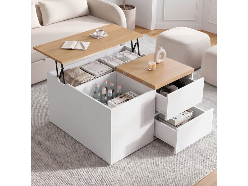 Table basse plateau relevable carrée calia 80 cm avec 2 coffres et 2 tiroirs blanc et bois - Conforama B