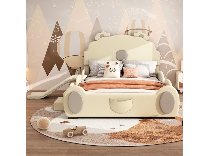  Lit enfant 140 x 200 cm avec toboggan et échelle, motif ours, coloris beige  - Conforama E