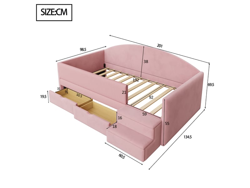 Lit enfant 90x190 cm rose en velours avec 2 tiroirs, marches antidérapantes et barrière rembourrée - Conforama C