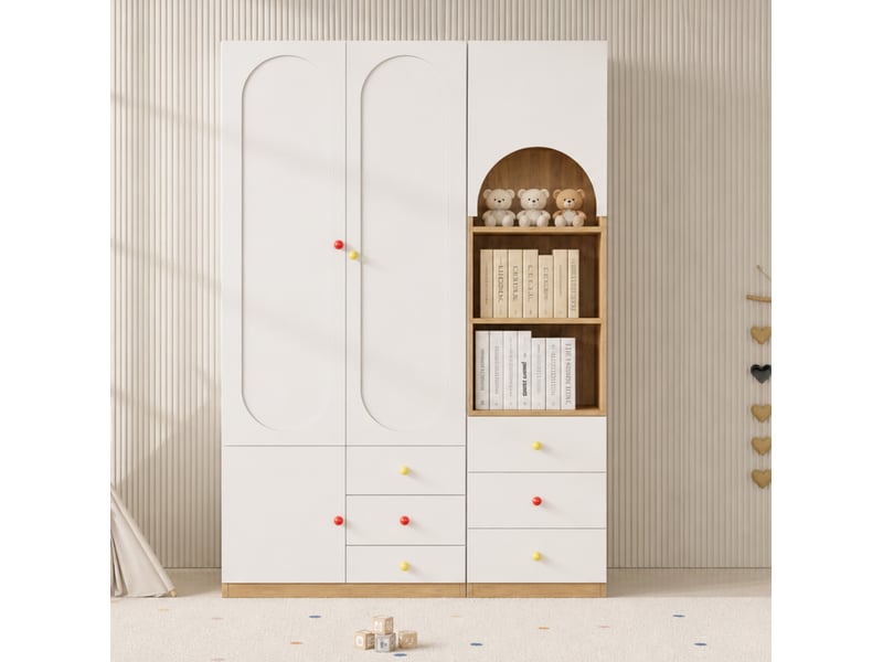  Armoire avec 2 portes, étagère de rangement et tiroirs pour chambre, en mdf, blanc et aspect bois naturel  - Conforama D