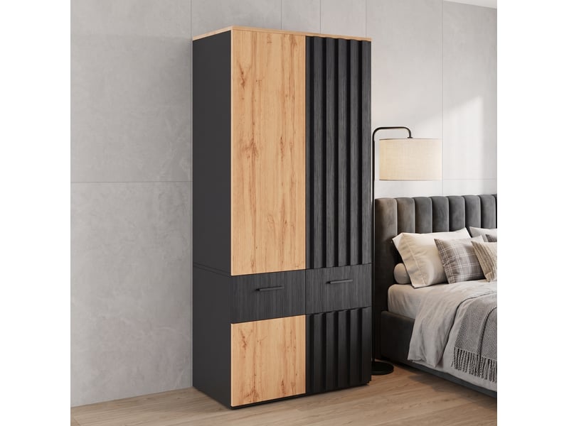  Armoire tcqpz 90 x 50 x 200 cm avec penderie 2 tiroirs et 2 compartiments mdf noir et bois naturel  - Conforama B