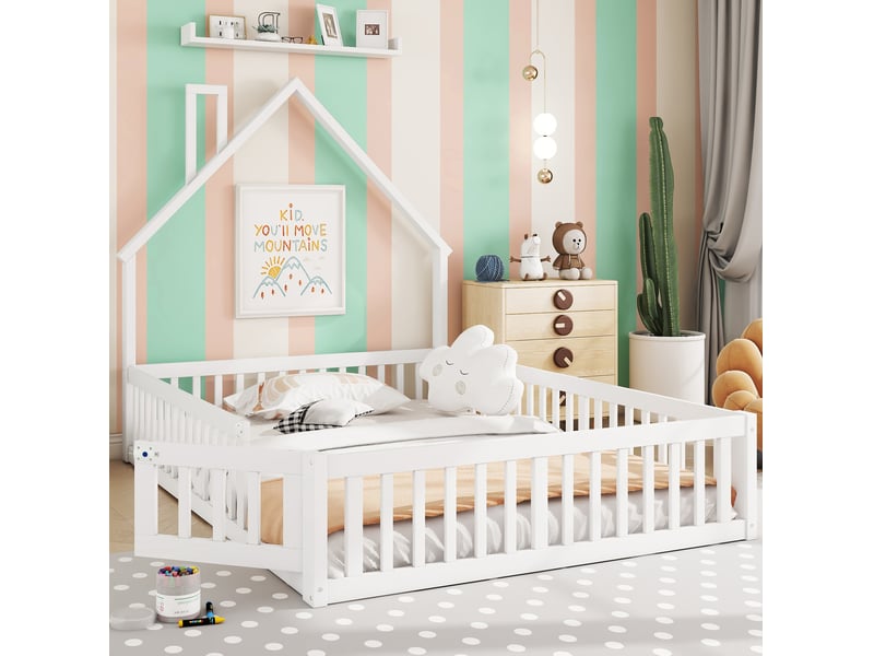  Lit enfant maison 140 x 190 cm design moderne barrières sécurité sommier à lattes robuste pin mdf blanc sans matelas  - Conforama D